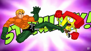 SpongeBob and Super Friends Aquaman kicking each other in the groin.