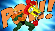 SpongeBob karate chopping Super Friends Aquaman in the cheek.