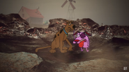 Courage weakly slapping Scooby-Doo.