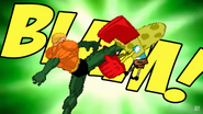 SpongeBob's body being kicked backwards by Super Friends Aquaman.