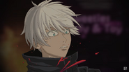 Gojo looking down at his wound.