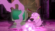 Courage slamming the God Bone onto Scooby-Doo.