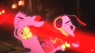 Courage ripping himself in half to avoid the laser.