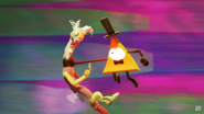 Discord being strangled by Bill in a claymation-styled dimension.