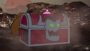 Courage and Scooby-Doo hiding behind the Chest of Demons.