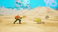 SpongeBob and Super Friends Aquaman getting ready to face each other.