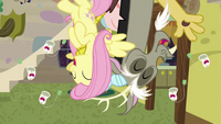 Fluttershy and Discord laughing upside-down S7E12