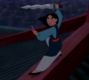 Mulan standing up against Shan Yu
