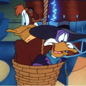 Launchpad McQuack and Darkwing Duck tied up.