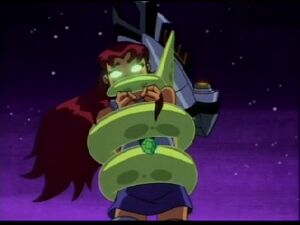 Starfire getting captured by the Centari Police after being framed by Blackfire.