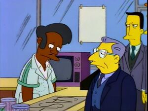 Apu gets fired from the Kwik-E Mart for selling expired and spoiled meat to the customers including his friend, Homer Simpson.