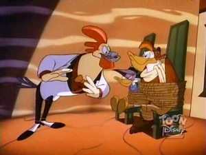 Darkwing Duck and Launchpad facing Steelbeak.