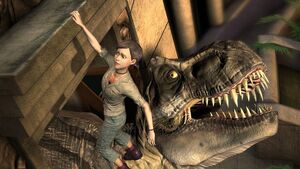 Jessica Harding hanging on the edge at the mercy of Tyrannosaurus.