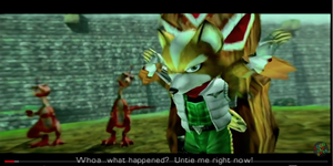 Fox McCloud tied up and is accused for stealing the Lightfoot's gem and giving it to the Sharpclaw.