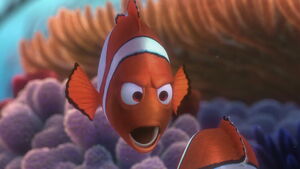 Marlin embarrassing Nemo in front of his classmates, leading to his son disowning him, and then getting taken by divers.