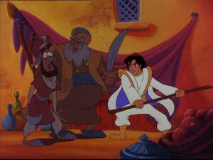 Aladdin fighting Abis Mal's thugs.