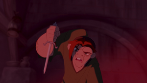 Quasimodo standing against his mean master, Frollo.