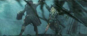 Jack Sparrow fighting Davy Jones.