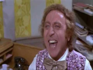 Willy Wonka furiously blaming Grandpa Joe about Charlie Bucket breaking every rule in his chocolate factory.