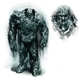 Der Zeichenentwurf zeigt den Golem als einen Brocken Stein mit kaum erkennbaren Gliedmaßen