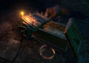 Die Striege vor ihrem Sarg mit zwei noch brenennden Kerzen