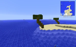 Two palm trees on a coastline.