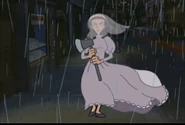 The Ghost Bride walking to her sister's home in the pouring rain, axe in hand and with murder in her eyes