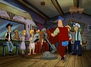 Inside of the pub with the bull and the first rider, Bill.