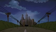 The skyline in the distance as Scheck is chasing Arnold, Helga and Gerald in The Movie.