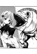 Koneko patting Issei's head with a mermaid at the back.