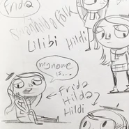 Early sketches of Hilda, with potential names for the character.