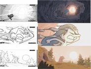 Storyboard panels (left) provided by Melissa Xu, showing Hilda turning to stone in the sunlight, alongside final production stills