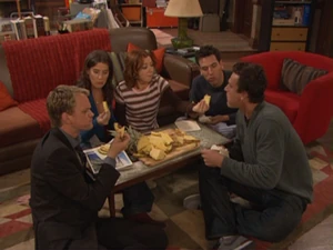 The gang eat the unexplained pineapple from Ted's room.