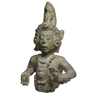 Maize God (Mayan, Copan 715 CE). Temple 22 of 18-Rabbit, 13th ruler of Copan (r.695-738 CE). Stone bust in the British Museum, London, England.