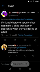 Toilet attempting to justify that porn and pedophilia is not what they are, causing another user to refute his claims. It also seems to support the foul play theory of his page being removed from Real Life Villains wiki.