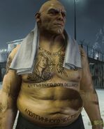 A close look at the tattoos across Khabko's chest and stomach.