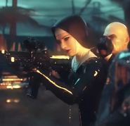 In the "Attack of the Saints" trailer, she was the very first victim of Agent 47, being strangled by him from the back.