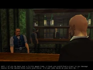 The bartender in Lee Hong's restaurant demands to know 47's name while recommending the massage parlor.