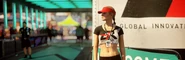 A female promoter of the Global Innovation Race at the entrance.