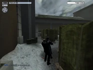 Agent 47 garroting a Russian soldier.