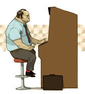 Original concept art of man on arcade gambling machine.