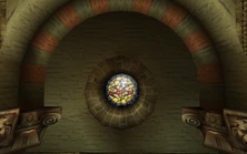 Hitman Insignia in one of the windows above the church hall