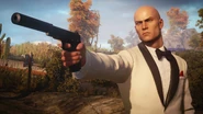 Agent 47 brandishing his ICA19 (Black Trinity) while wearing a white tux.