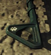 A closeup of the handle, showing the logo and brand name.