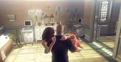 Agent 47 carrying Victoria out of her ward.