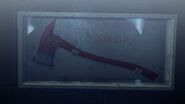 A fire axe hanging on the wall inside the Rosewood Orphanage.