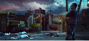 Early 'Public Operations Protocol Section 3' developer screenshot, featuring a school bus not present in the final game.