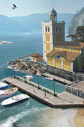 Concept art, with the Yacht appearing in the background in the top left.