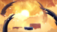 A bright, cloudy landscape with a sun in the background and a light amber sky with structures peeking from the clouds