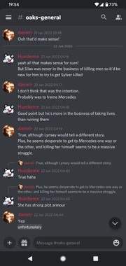Screenshot of the mobile version of Discord—a snippet of conversation in a Hollyoaks discussion channel.